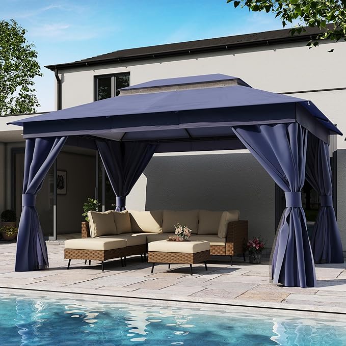LAUSAINT HOME Patio Gazebo 10'x13', Outdoor Heavy Duty Party Tent Shelter with Double Roofs, Mosquito Nettings and Privacy Screens for Backyard, Garden, Lawn, Navy Blue