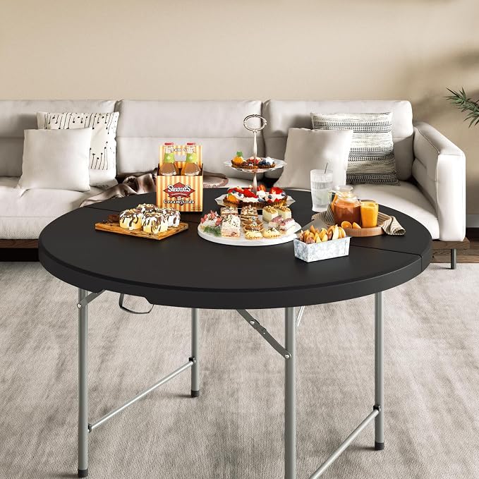 Magshion 48" Round Folding Table, 4 Feet Bi-Folding Plastic Commercial Dining Card Table w/Carrying Handle for Outdoor Wedding Party Event Picnic, Black