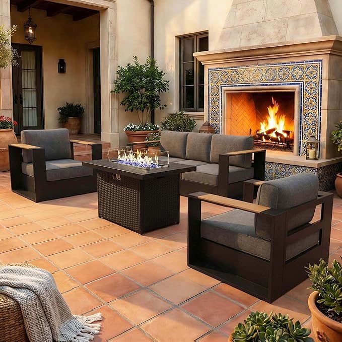 LayinSun 4 Pieces Aluminum Patio Furniture Set with Fire Pit Table, Oversized Outdoor Conversation Set 5 Seats with 6" Thick Cushions for Outside Porch, Balcony, Deck