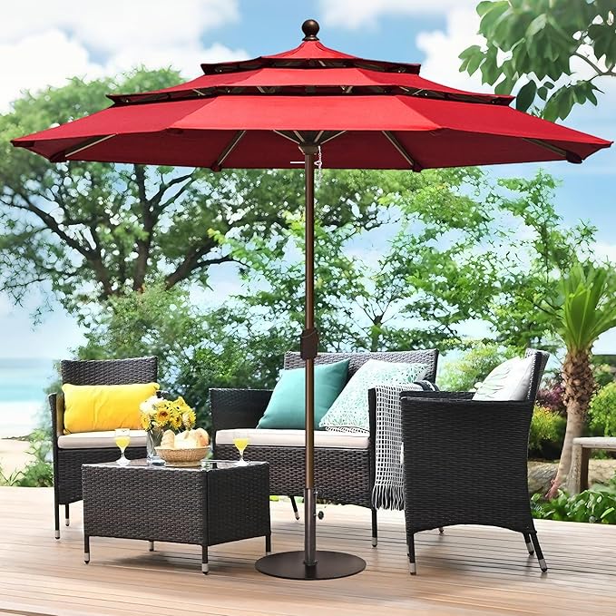 EliteShade USA 10-Year-Non-Fading 11ft 3-Tier Market Patio Umbrella, Commercial Grade Outdoor Table Umbrella with Crank Open, Windproof & UPF 50+ UV Protection, Heavy Duty Ventilation for Garden, Deck, Pool, Backyard, Beach & Bistro, No Tilt, Logo Red