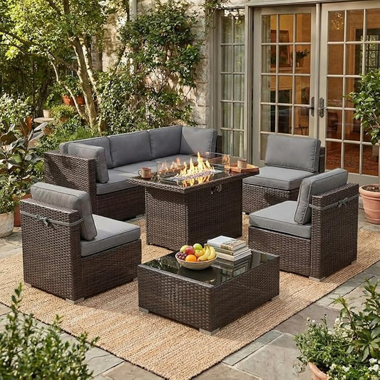 LayinSun 8 Piece Patio Furniture Set with 44" Propane Gas Fire Pit Table, Outdoor Sectional Conversation Set Wicker Rattan Sofa Set with Coffee Table