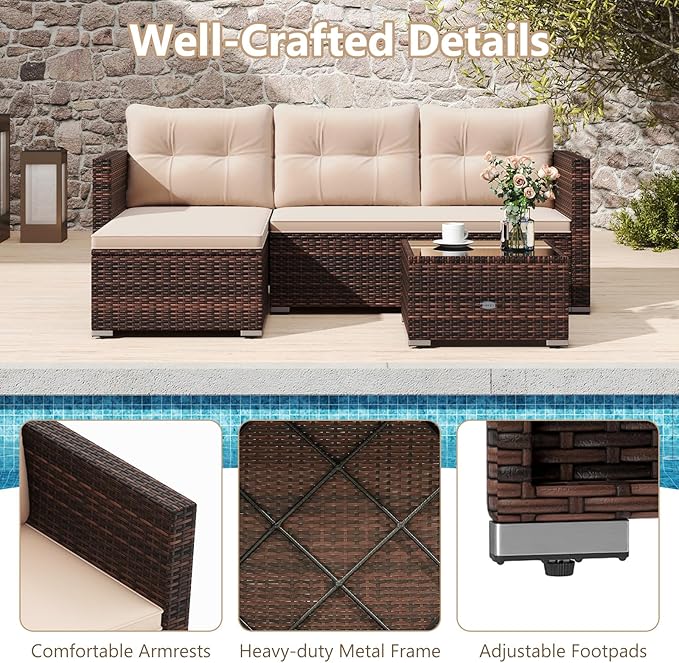 HAPPYGRILL 4-Seats Outdoor Wicker Furniture Set, L-Shaped Sectional Couch Set w/Tempered Glass Coffee Table & Soft Cushions, Patio Seating w/Left or Right Assembly for Yard, Porch