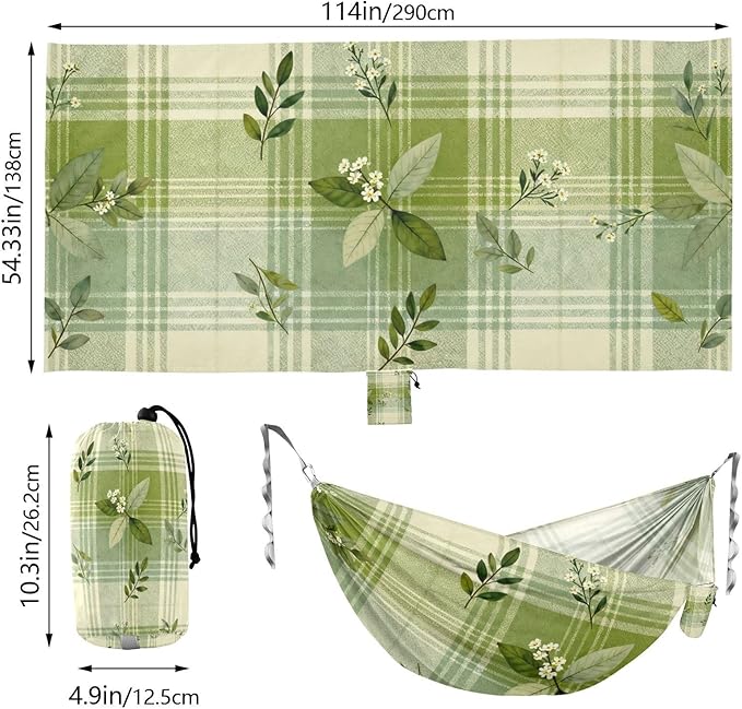 Green Plaid and Foliage Hammocks for Camping with Portabl Carry Bag Hanging Hammock Outside Beach Patio Garden