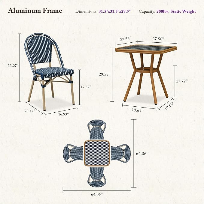 PURPLE LEAF 5-Piece French Bistro Dining Set Square Outdoor Patio Table and 4 Armless Chairs Tempered Glass Top PE Rattan Champagne Print Finish Aluminum Frame Navy Blue