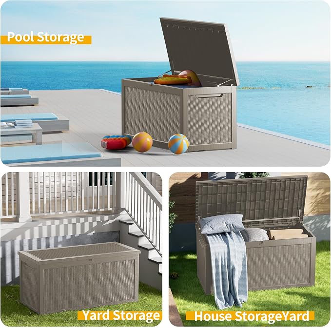 Outdoor Storage Box 325GAL Waterproof Resin Deck Box,Pool Accessories Supplies，UV-Resistant Lockable Package Delivery Bin for Garden Tools,Large Patio Outside Cushions,Chest,Furniture,Grey