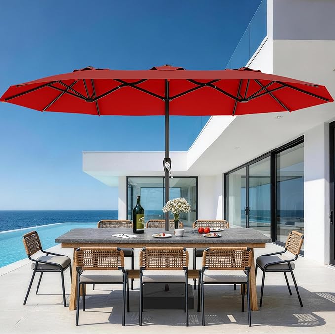 AreShark 15FT Outdoor Patio Umbrella with Crank, Large Rectangular Market Umbrella, Double-Sided Outdoor Umbrellas with Cross Base & Sandbag for Porch, Lawn, Pool, Backyard, Red
