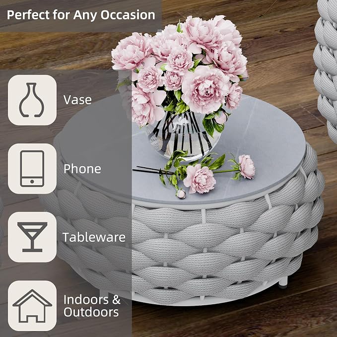 Round Coffee Table for Indoor & Outdoor Use, Aluminum Patio Furniture with Handwoven Ropes, Weather-Resistant for Garden, Terrace & Poolside (Gray)