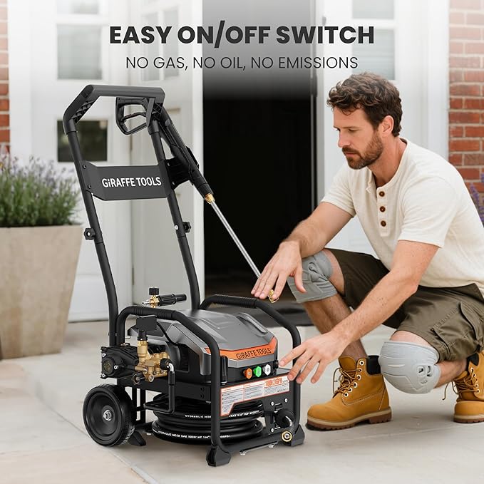 Giraffe Tools Crossfalls Retractable Pressure Washer Ultra, Max 2.6GPM 1650PSI with 1800W Brushless Motor, Wall Mount Electric Power Washer, 4-Nozzle, Automatic Rewind, 50ft Pressure Hoses with Cart