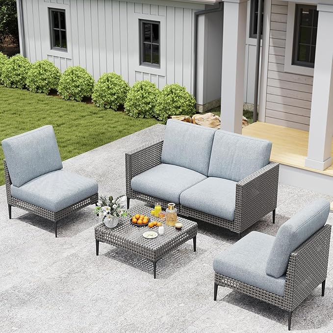 Outdoor Patio Sofa Conversation Set–Rattan 4 Seats Comfortable Couch for Garden, Yard, Weatherproof–Includes Glass Table, Armless Chairs, and Two-Seater Sofa