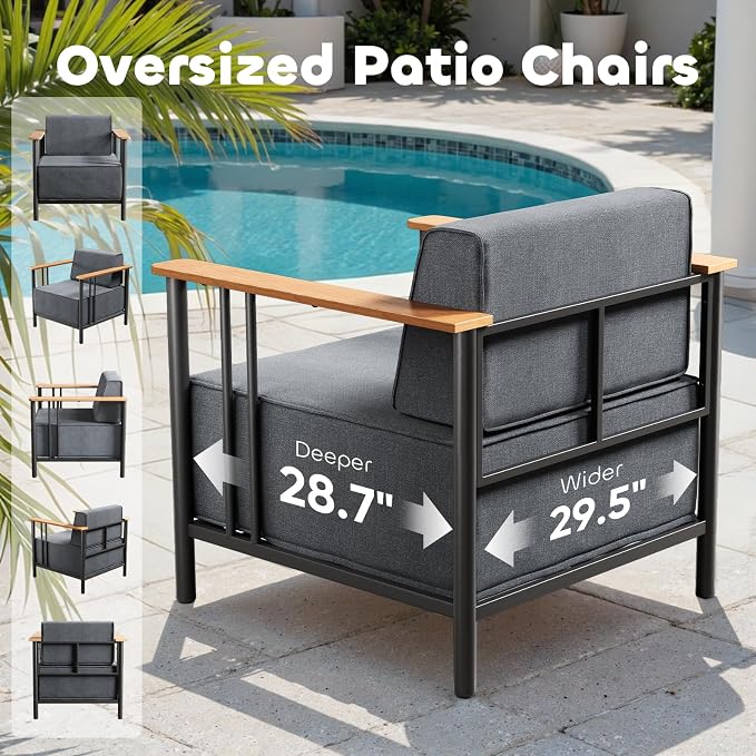 Luxury Patio Chairs Set of 2 with 10" Extra Thick Cushions, Outdoor Furniture with Rustproof Metal Frame and Olefin Fabric, Outdoor Patio Chairs for Porch, Balcony, Deck, Yard, Black/Grey