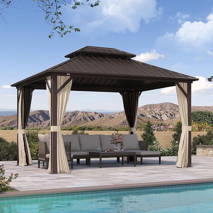 PURPLE LEAF 10’ X 12’ Outdoor Hardtop Gazebo Metal Frame Galvanized Steel Double Roof with Curtains and Nettings for Patio Desk Backyard Bronze