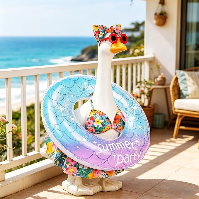 Porch Goose Summer Outfit, 23 Inch Hawaiian Bikini Costume, Accessories Include Bow, Sunglasses & Swim Ring, Fits Cement Goose Statue for Garden Patio Yard Outdoor Decor (Tropical Floral)
