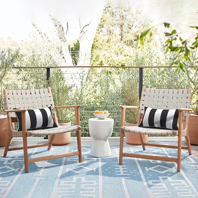 LVTXIII Set of 2 Outdoor Lumbar Pillows for Patio Furniture with White Piping, 12"x20" Fade Resistant Patio Lumbar Pillows with Inserts for Home Coach Sofa Use, Cabana Black