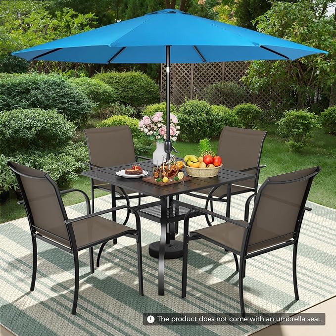Incbruce 6 Pieces Patio Dining Set with Sky Blue Umbrella, Outdoor Dining Set of 4 Textilene Chairs and Square Table with Umbrella Hole for Backyard, Garden, and Poolside (Brown)