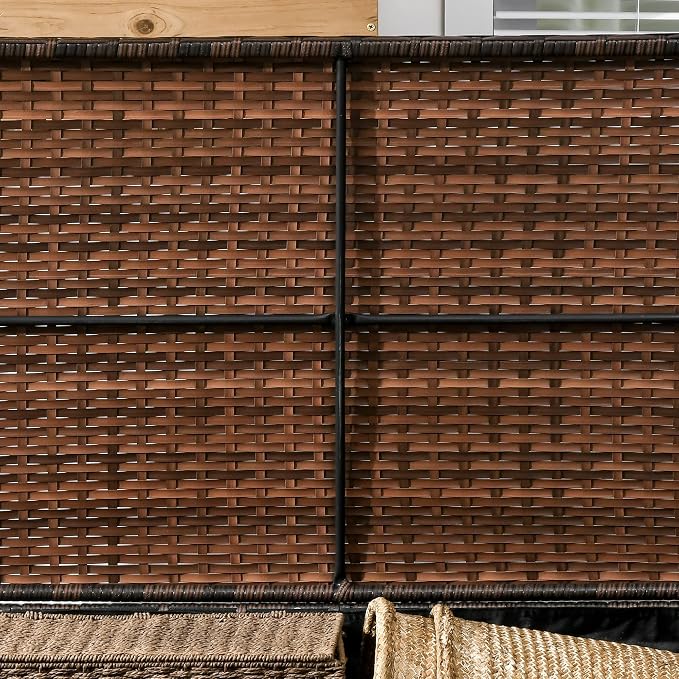 Outdoor Deck Box Shoe Storage, PE Rattan Wicker Towel Rack with Liner for Indoor, Outdoor, Patio Furniture Cushions, Pool, Toys, Garden Tools, Brown