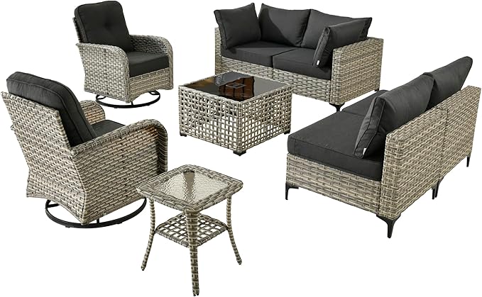 Outdoor Patio Furniture Sets, 8 PCS Patio Conversation Set Outside Rattan Sectional Sofa with Wicker Rocking Chairs Coffee Table Soft Cushion Fit Backyard Porch Garden Poolside Balcony