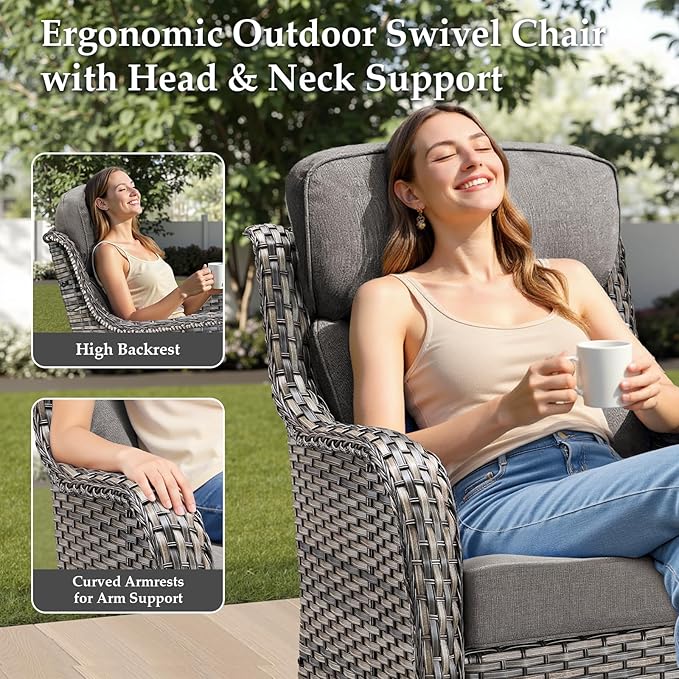Luxury 5 Pieces Outdoor Patio Furniture Set-High Back Swivel Rocker Patio Chairs with Sofa and Ottomans, 6-inch Extra Thick Cushions Wicker Outdoor Conversation Set for Garden Porch(Grey/Grey)