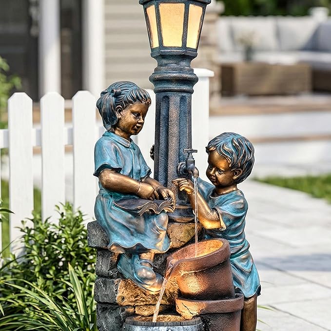 47-Inch Outdoor Water Fountain, 3-Tier Boy and Girl Resin Waterfall Fountain, with Soothing Water Sound & 3 Warm LED Lights, Home Decor for Garden, Patio, Yard, Deck or Lawn in Brown and Blue