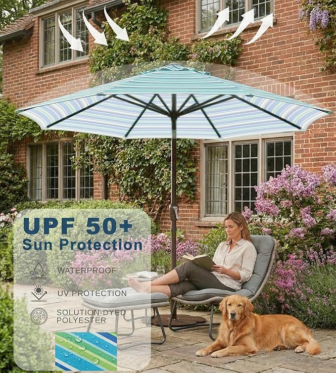 PatioKingdom 9FT Patio Outdoor Umbrella-UPF 50+ Sun Shade with Wind Vent, Push-Button Tilt & Smooth Crank Lift, Rust-Resistant Fiberglass Frame for Garden, Backyard,Yard (Blue Green Stripes)