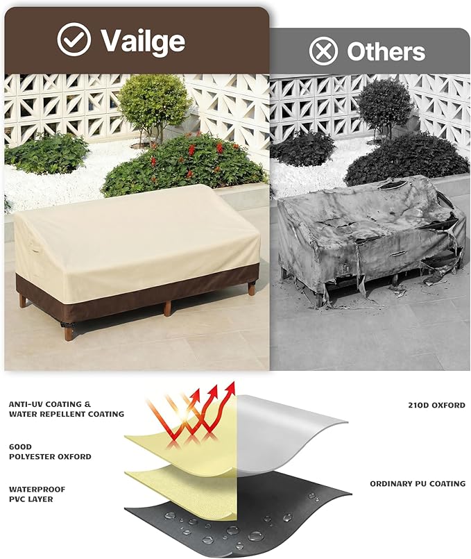 Vailge Heavy Duty Patio Sofa Cover, 100% Waterproof 3-Seater Outdoor Sofa Cover,Lawn Patio Furniture Covers with Air Vent and Handle,93" Wx 40" Dx 35" H,Beige&Brown