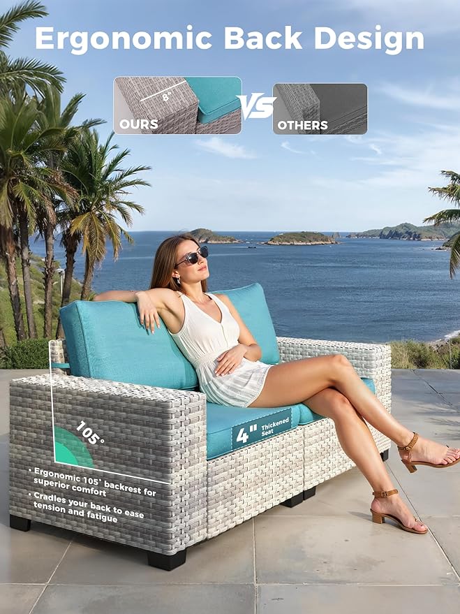 15 Piece Outdoor Wicker Rattan Sectional Sofa Set with Swivel Chairs, 12-Seats Conversation Set with 4" Thickened Cushions & Coffee Table, All-Weather PE Rattan for Garden, Backyard, Porch, Turquoise