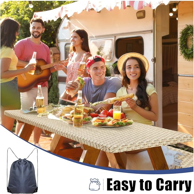 Smiry Picnic Table Cover with Bench Covers, Waterproof Elastic Fitted Tablecloth for 6 Foot Tables, Washable Polyester Tablecloths for Camping, Indoor & Outdoor (Champagne, 30x72 Inch 3-pc Set)