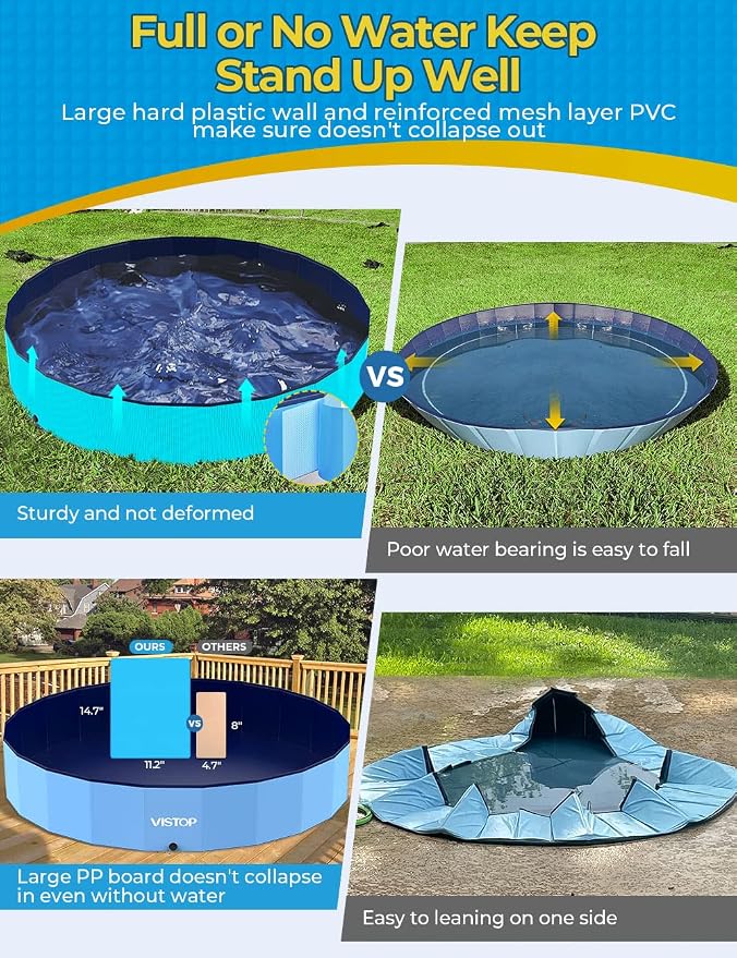 VISTOP Jumbo Foldable Dog Pool, Hard Plastic Shell Portable Swimming Pool for Dogs Cats and Kids Pet Puppy Bathing Tub Collapsible Kiddie Pool (87inch.D x 15.7inch.H, Blue)