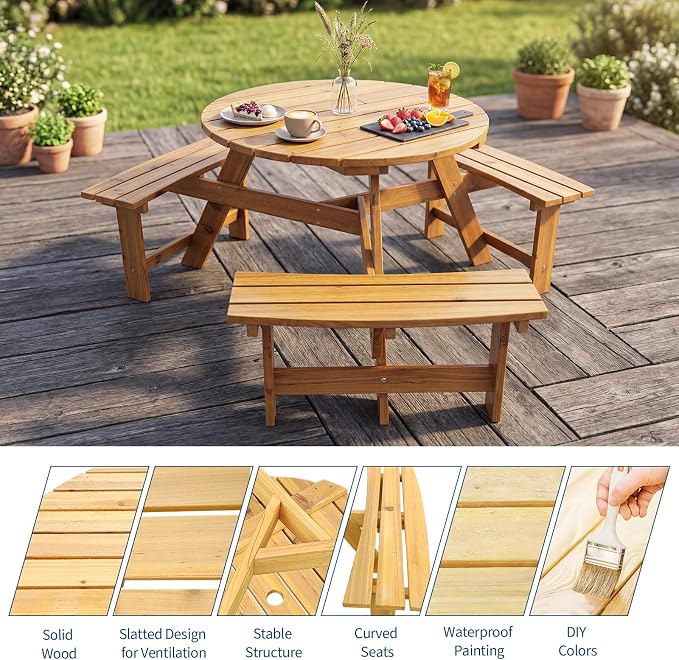 Garvee 6 Person Wooden Picnic Table, Outdoor Picnic Tables with 3 Built-in Benches, Circular Camping Dining Table and Chairs Set with Umbrella Hole for Garden, Patio, Backyard, Natural Wood