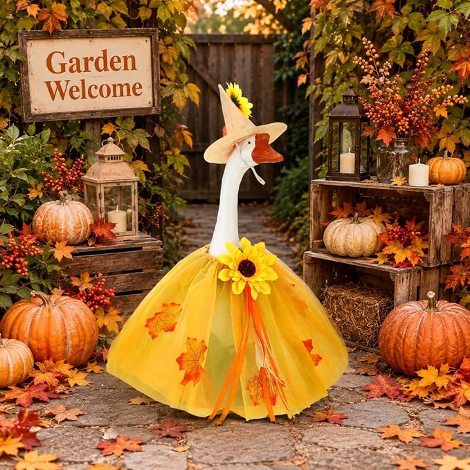 STONESTAR Fall Sunflower Porch Goose Outfits for 23'' Lawn Geese Statue, Autumn Maple Leaves Goose Clothes and Hat Costume Set for Patio Yard Outdoor Thanksgiving Holiday Decor