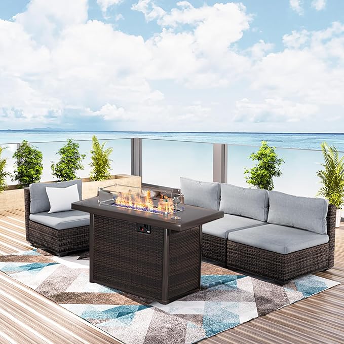 Patio Furniture Set with Fire Pit Table, Outdoor Sectional Rattan Sofa Set, Patio Set Seating Furniture with Thickened Cushions (Gray, 5 Pieces)