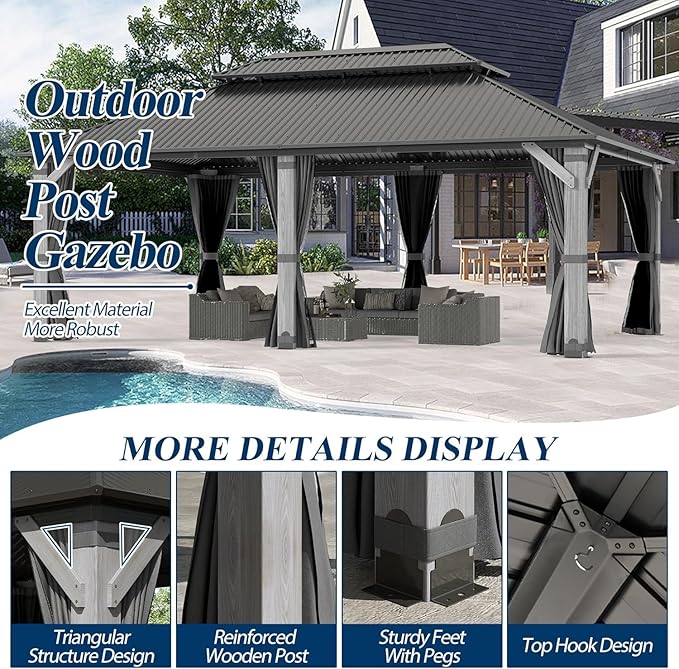 COVERONICS 12'x20' Outdoor Wood Gazebo - Hardtop Wooden Gazebo with Galvanized Steel Roof, Heavy-Duty Pavilion with Netting & Curtains for Garden, Poolside, Deck, Backyard