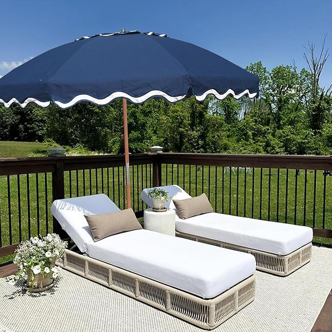 AMMSUN 7.8ft Seashore Umbrella, Outdoor Umbrella, Boho Patio Umbrella with UV 50+ Air Vent Ash Wood Pole Carry Bag & Water-Resistant Canvas Navy Blue