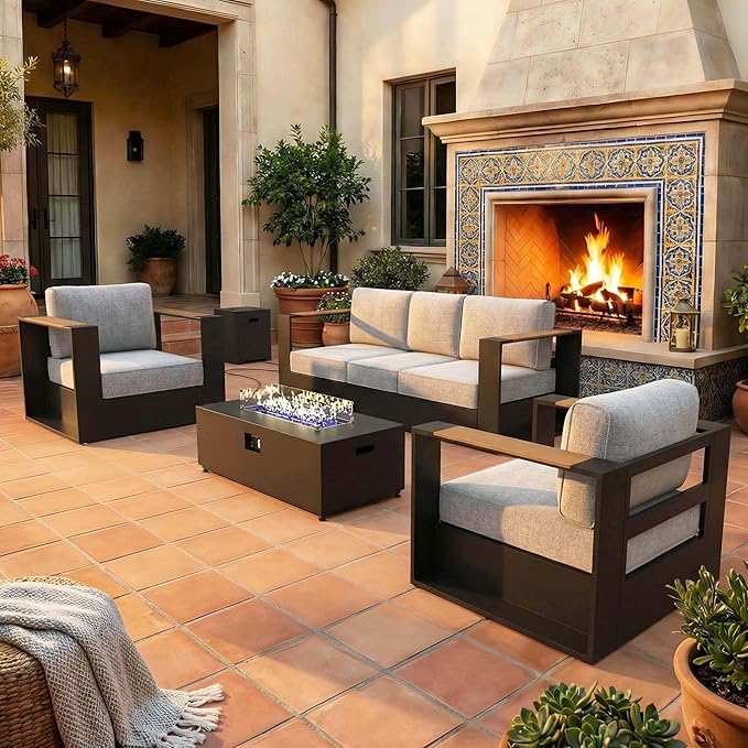 LayinSun 4 Pieces Aluminum Patio Furniture Set with Fire Pit Table, Oversized Outdoor Conversation Set 5 Seats with 6" Thick Cushions for Outside Porch, Balcony, Deck