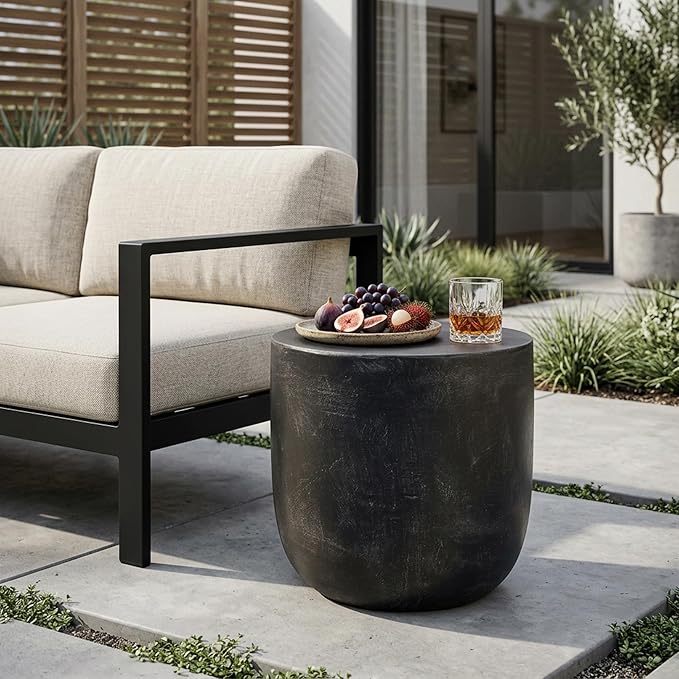 Outdoor Side Table Patio Concrete Side Table Round Drum End Table Faux Stone Side Tables Travertine Small Coffee Tables, Garden Stool Plant Stand for Backyard, Cylindrical, Antique Black