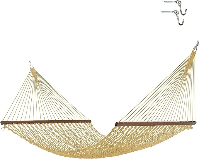 Nags Head Hammocks Tan Extra-Wide DURACORD Rope Hammock – 13 ft. x 60 in., 2-Person, 450 lb Capacity, Cumaru Spreader Bar, Free Chains & Tree Hooks, Handcrafted in The USA