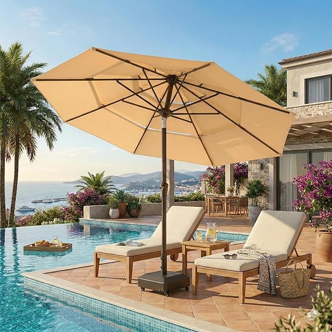 10ft Patio Umbrella, 3 Tier Outdoor Market Table Umbrellas with 8 Fiberglass Ribs and Push Button Tilt, Windproof, Vented Canopy, UV Protection for Deck, Pool, Backyard