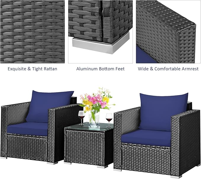 Tangkula 3 Pieces Patio Furniture Set, PE Rattan Wicker Sofa Set w/Washable Cushion and Tempered Glass Tabletop, Outdoor Conversation Furniture for Garden Poolside (Navy Blue)