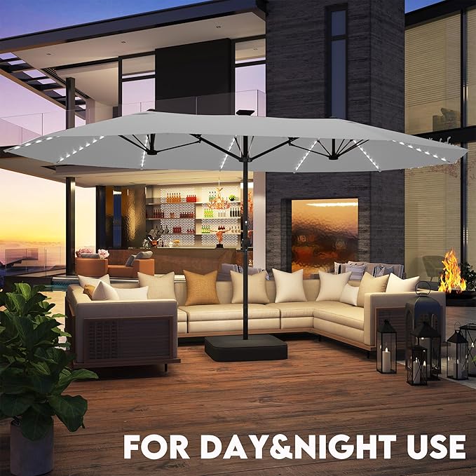 GDPFN 15ft Rectangular Patio Umbrella with Solar LED Lights, Double-Sided Outdoor Market Umbrella with Base Included, Extra Large Shade for Pool, Deck, Backyard, Garden, Light Gray