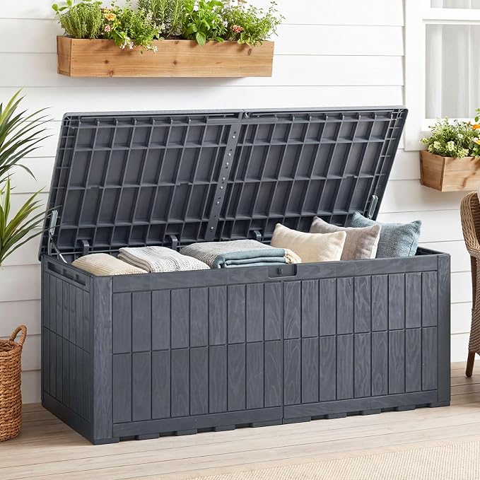 HAPPYGRILL 180 Gal Outdoor Deck Box, Lockable Storage Bin with Lid and Handles, Waterproof and Sun-Protective Patio Bench and Storage Box for Garden Tools Pool Supplies (Gray, 180Gallon)