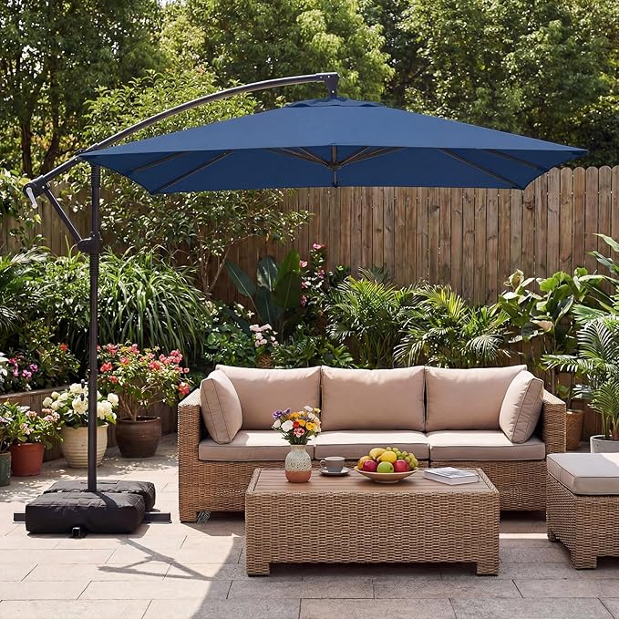 Tangkula 8x8 FT Patio Umbrella with Base Included, Square Offset Cantilever Outdoor Umbrella with 360 Degree Rotation, Crank Handle, Sandbags, 8 Ribs for Pool Deck Garden Backyard