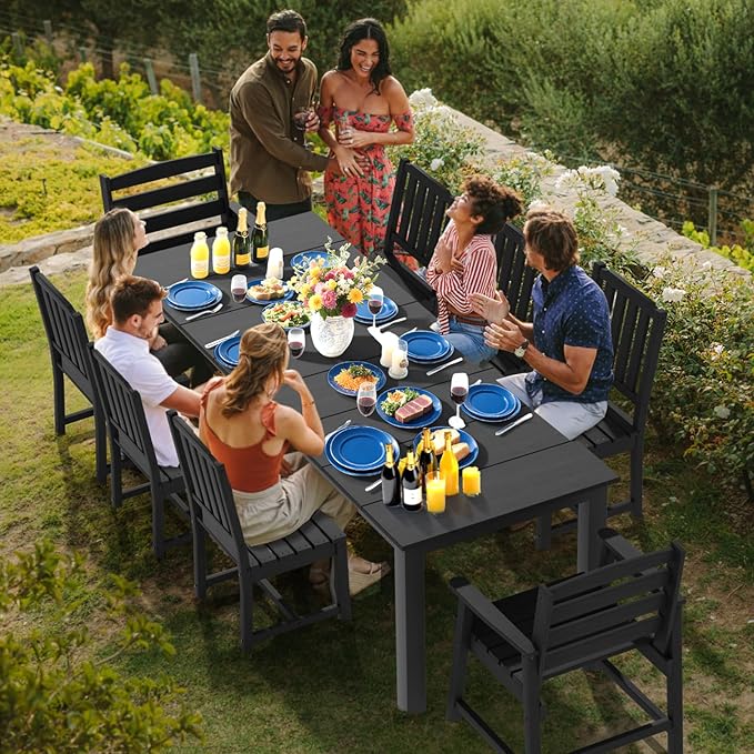 LOUNZY 9 Pieces Patio Dining Sets,Outdoor HDPE Furniture Set for 8 w/ 2" Hole Cut-Out Dining Table with 8 Patio Chairs(2 W/Armrest, 6 w/o Armrest),Black