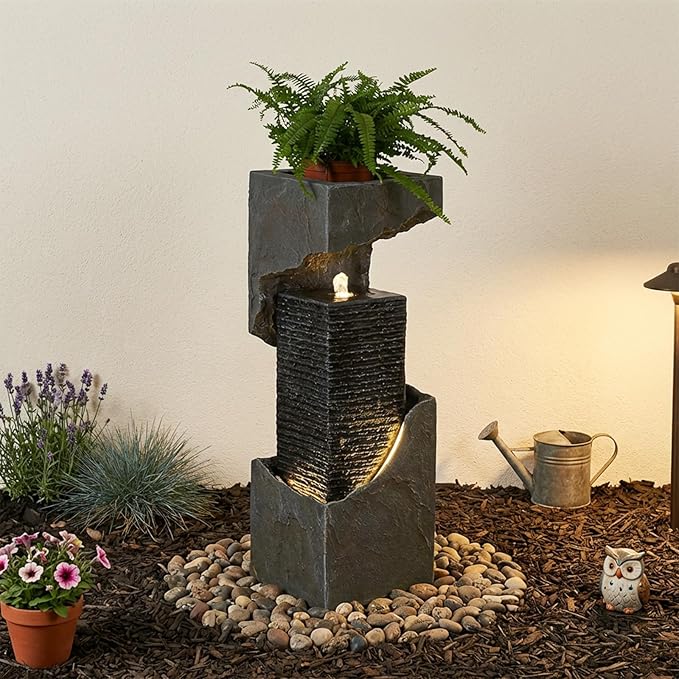Bumilgar 35.4" H Garden Water Fountain Outdoor&Indoor, Floor Standing Outdoor Water Feature with LED Lights and Pump for Garden, Patio, Deck, Backyard, Porch and Home Art Decor, Gray