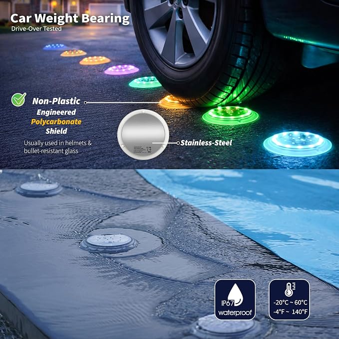 Solar Driveway Lights, 48 LEDs Deck Disc Light, RGB-W, 8Pk | 48 LEDs, Flat Low Profile, Outdoor Waterproof, Car Weight Bearing, Sundeck, Dock, Pool, Path, Sidewalk, 12-Color Changing