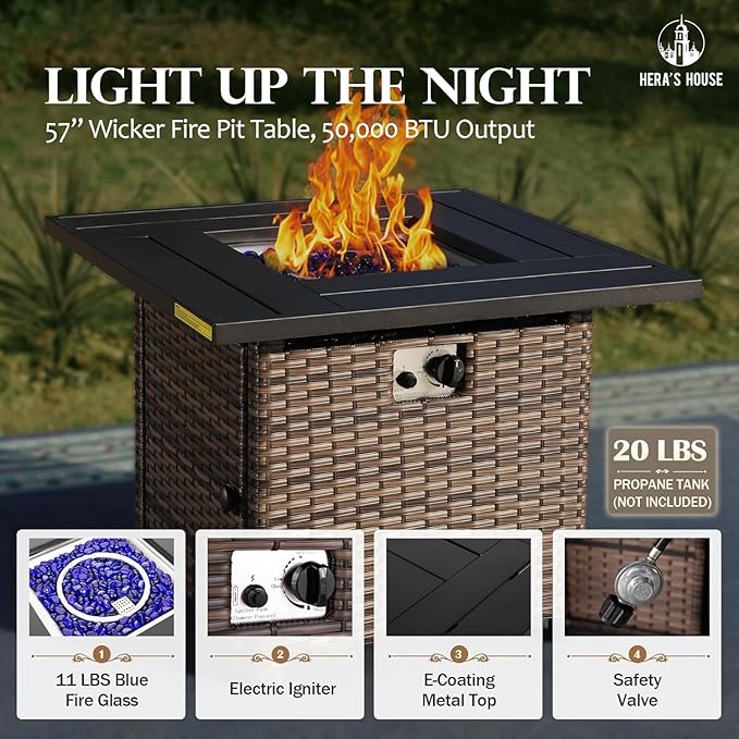 HERA'S HOUSE 8 Pieces Wicker Patio Furniture Set with Fire Pit Table, 4 x Single Chair, 2 x Ottoman, 3-Seat Sofa and 32" Fire Pit Table, Outdoor Rattan Conversation Set for Garden, Poolside, Backyard