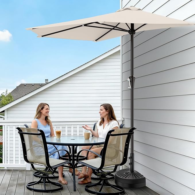 AreShark 9FT Half Patio Umbrella, Outdoor Wall Umbrella with Crank & 5 Sturdy Ribs, Table 1/2 Umbrella Patio for Garden, Deck, Balcony and Pool, Cream White