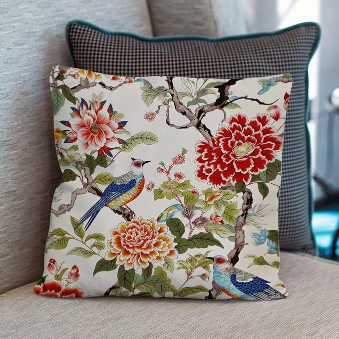 Chinoiserie Tree Peony Bird Cushion Cases Floral Coral Turquoise Pillowcase 26x26 INModern Accent Modern Decorative Pillow Covers for Patio Couch Bench