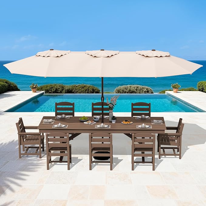 SERWALL 9 Piece Outdoor Dining Set, 84" HDPE Outdoor Table with 6 Armless Chairs and 2 Armchairs ，All Weather Patio Dining Furniture Set with Umbrella Hole for Backyard, Garden, Brown
