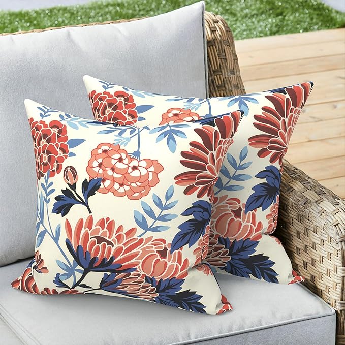 Outdoor 16x16 Inch Throw Pillow Covers Set of 2, Covers ONLY, All Weather Square Pillow Cases, Patio Cushion Pillow of Home Furniture Use, Red Chrysanthemum