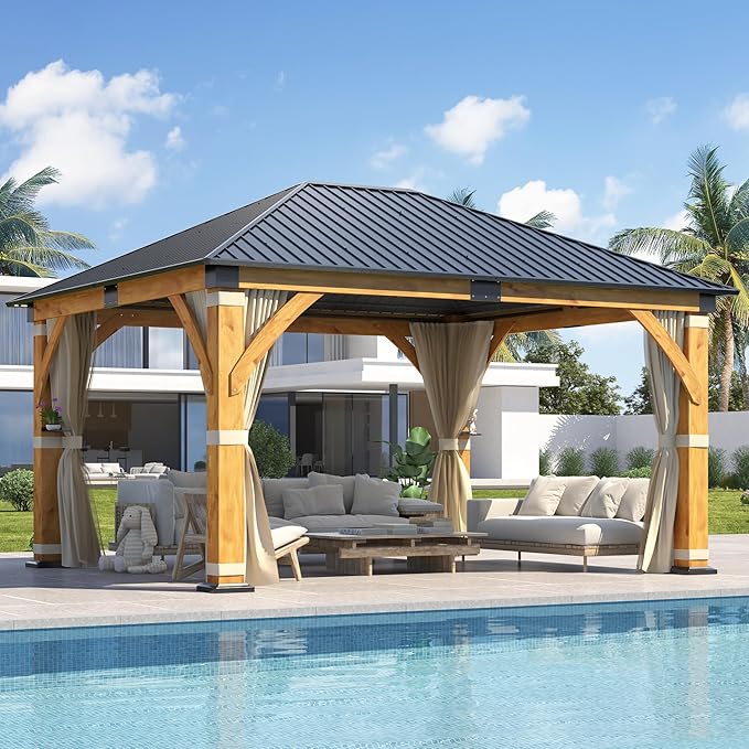 COVERONICS 13FT x 15FT Outdoor Spruce Wood Gazebo - Patio Wooden Frame Gazebo with Galvanized Steel Roof, Heavy-Duty Hardtop Gazebos with Netting & Curtains for Garden, Poolside, Deck, Backyard
