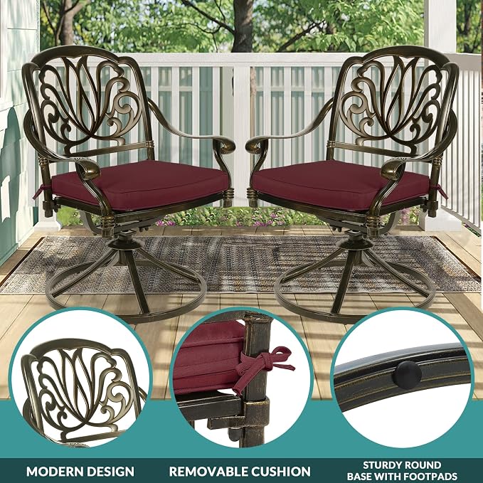 MEETWARM 9-Piece Outdoor Patio Dining Set for 8, All Weather Cast Aluminum Patio Funiture Table and Chairs Set- 94.5” Rectangular Table and 8 Cushioned Swivel Rocker Chairs, Umbrella Hole, Chili Red